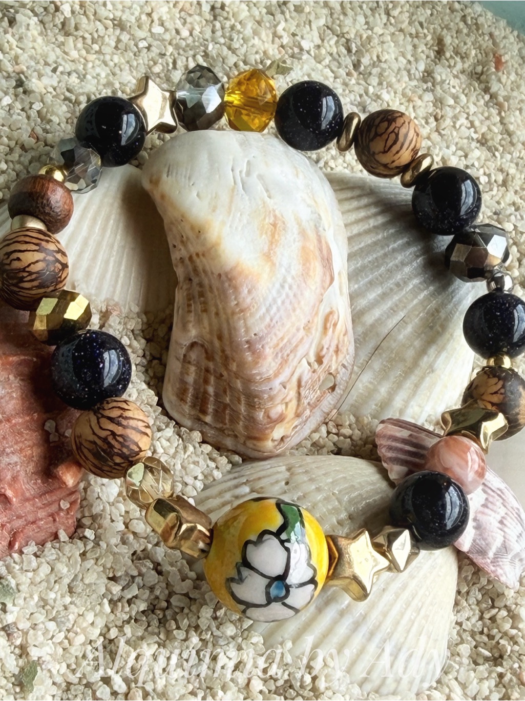 Exaggerated Floral & Blue Sandstone Chunky Bead Stretch Bracelet